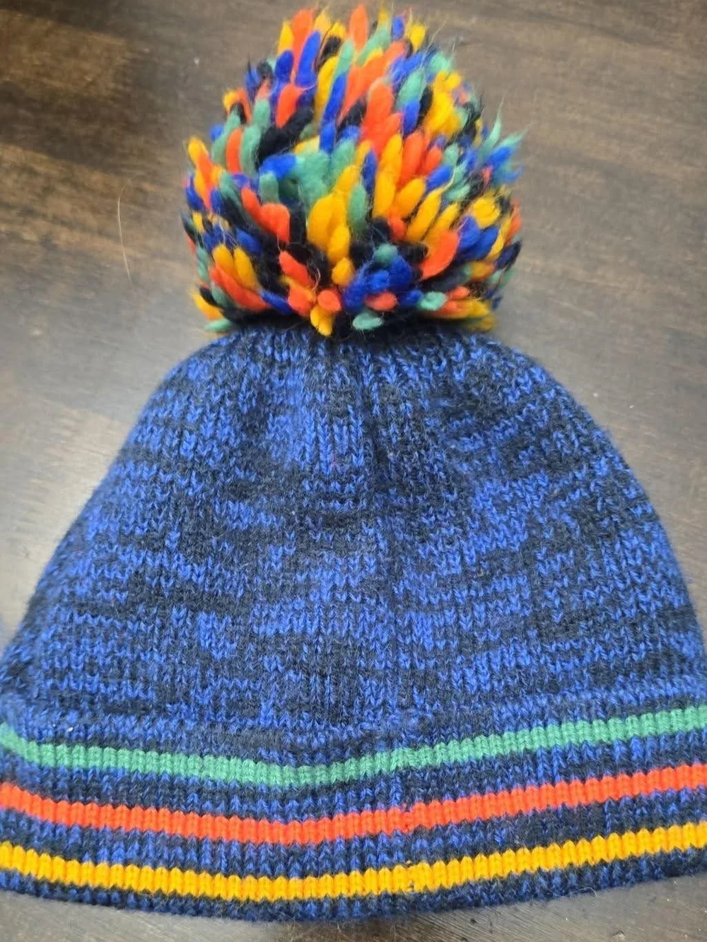 The Children's Place Navy Blue Dinosaur Pom-Pom Knit Hat with Multicolor Stripes
